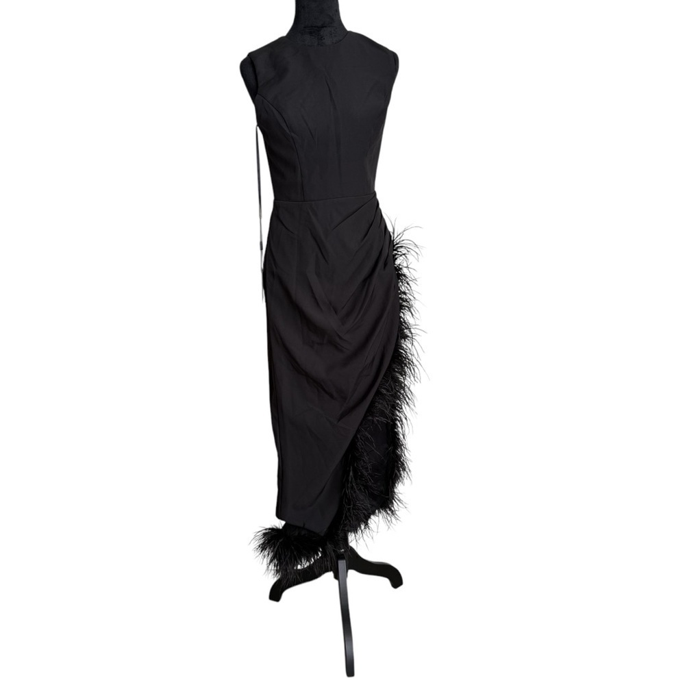Mac Duggal Black Feather Trim Asymmetrical Maxi Dress Size 4 NWT - Picture 3 of 7